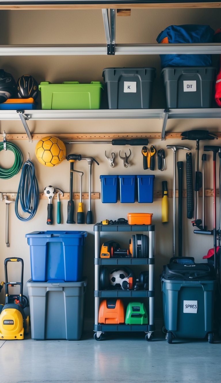 A cluttered garage with tools, sports equipment, and storage bins. Shelves and hooks hold items, while labeled bins and DIY organizers keep everything tidy