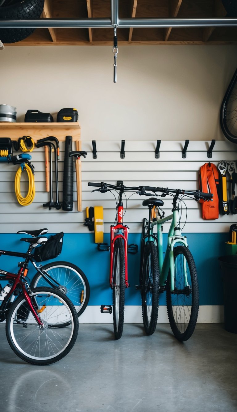 A garage wall with mounted hooks for bikes and tools, organized and budget-friendly