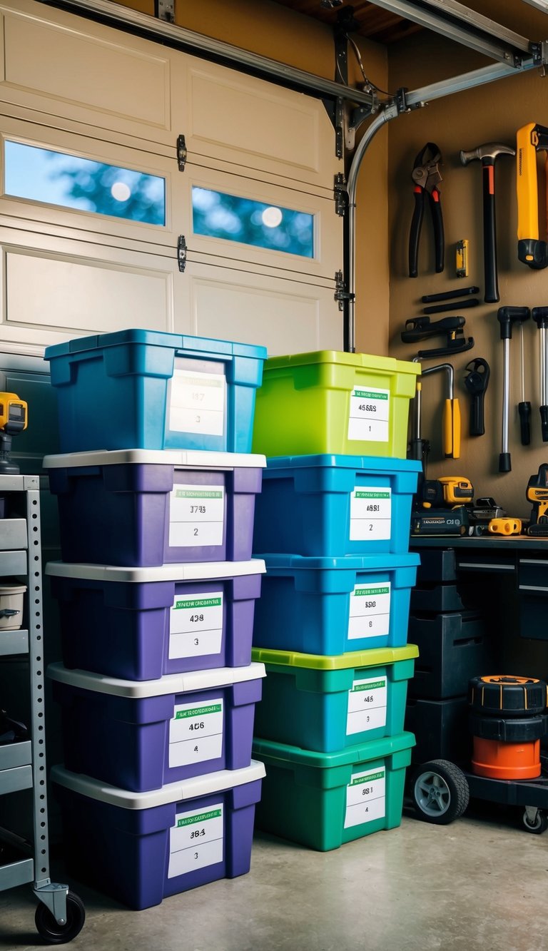 Several plastic storage bins with labeled contents stacked neatly in a garage, alongside various tools and equipment