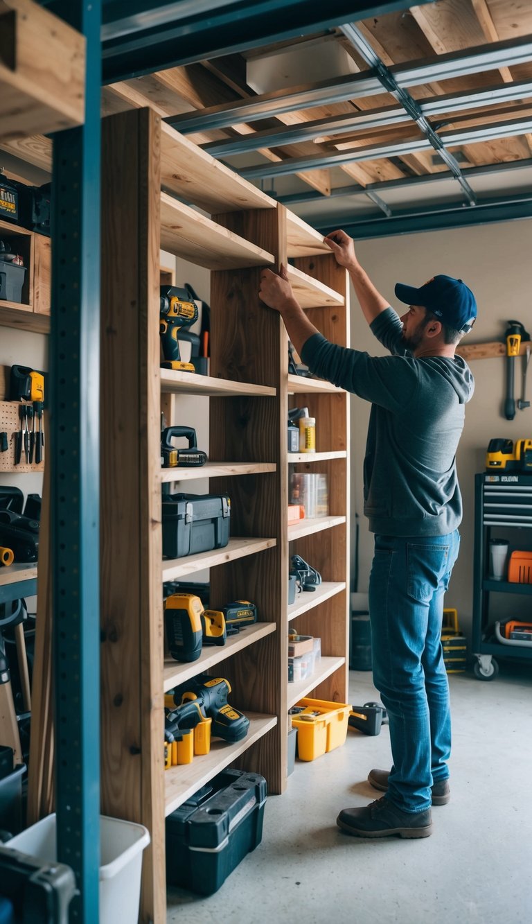 A person constructing shelves from reclaimed wood in a cluttered garage, organizing tools and supplies
