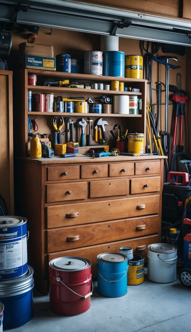 An old dresser sits in a cluttered garage, filled with neatly organized tools, paint cans, and other miscellaneous items
