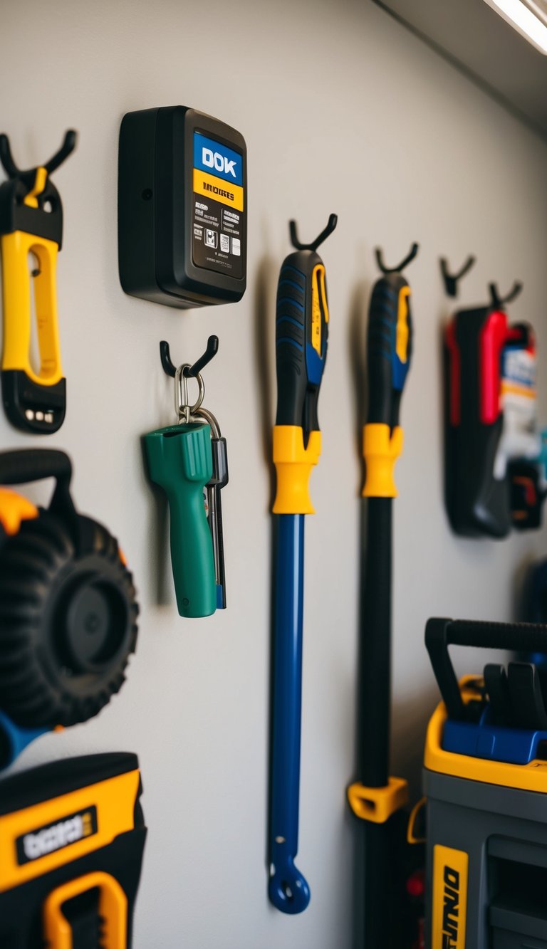 Adhesive hooks hold tools and supplies on garage walls