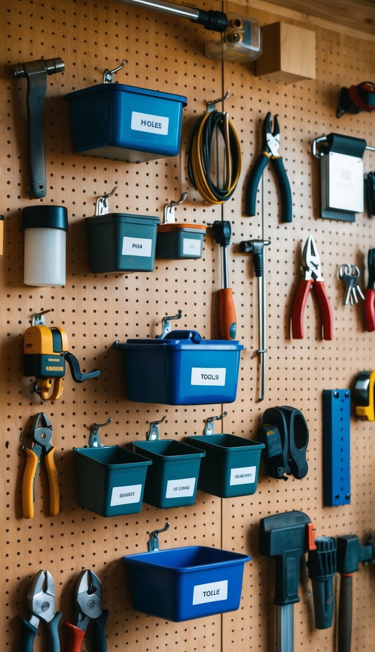 A pegboard wall with various tools neatly organized in labeled hooks and containers