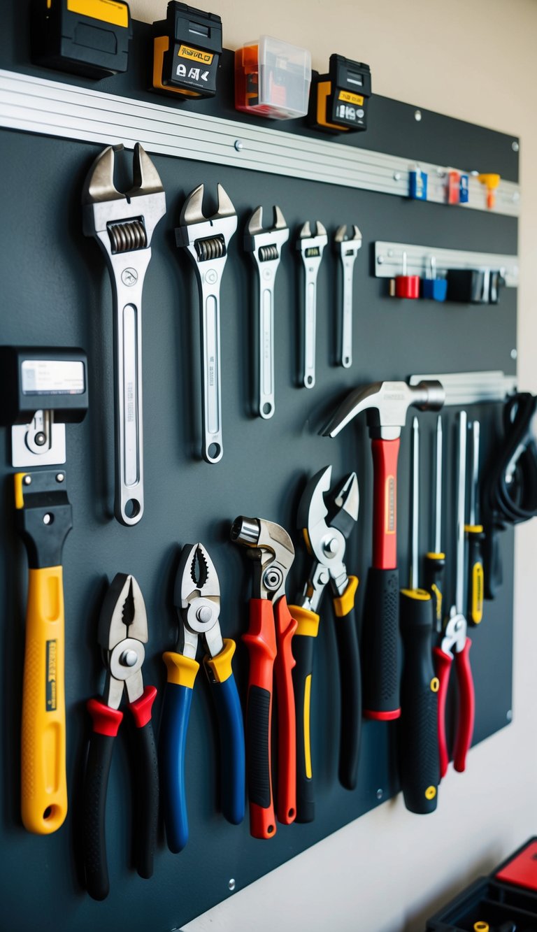 Metal tools hanging neatly on a garage wall with magnetic strips, surrounded by other budget-friendly organization solutions