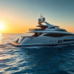 Luxurious yacht sailing on crystal-clear waters at sunset.