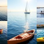 Diverse boats on water: sailboats, motorboats, kayaks, canoes.