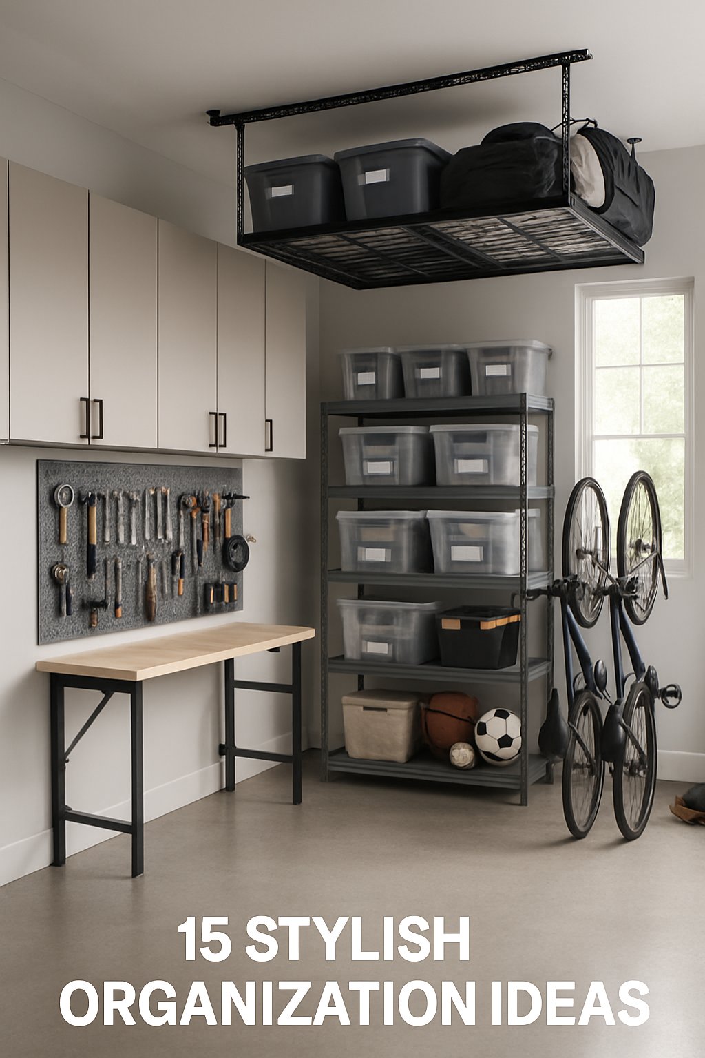 A clean and organized garage interior with shelves, cabinets, tools, bicycles, and storage bins neatly arranged.