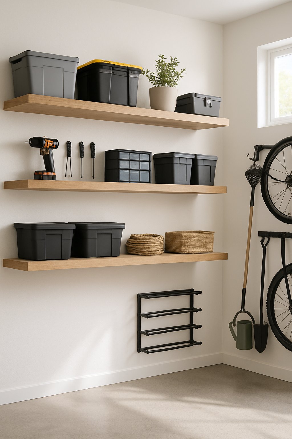 A clean garage with floating wood shelves holding organized tools and storage bins, a polished concrete floor, and wall-mounted racks with bicycles and equipment.