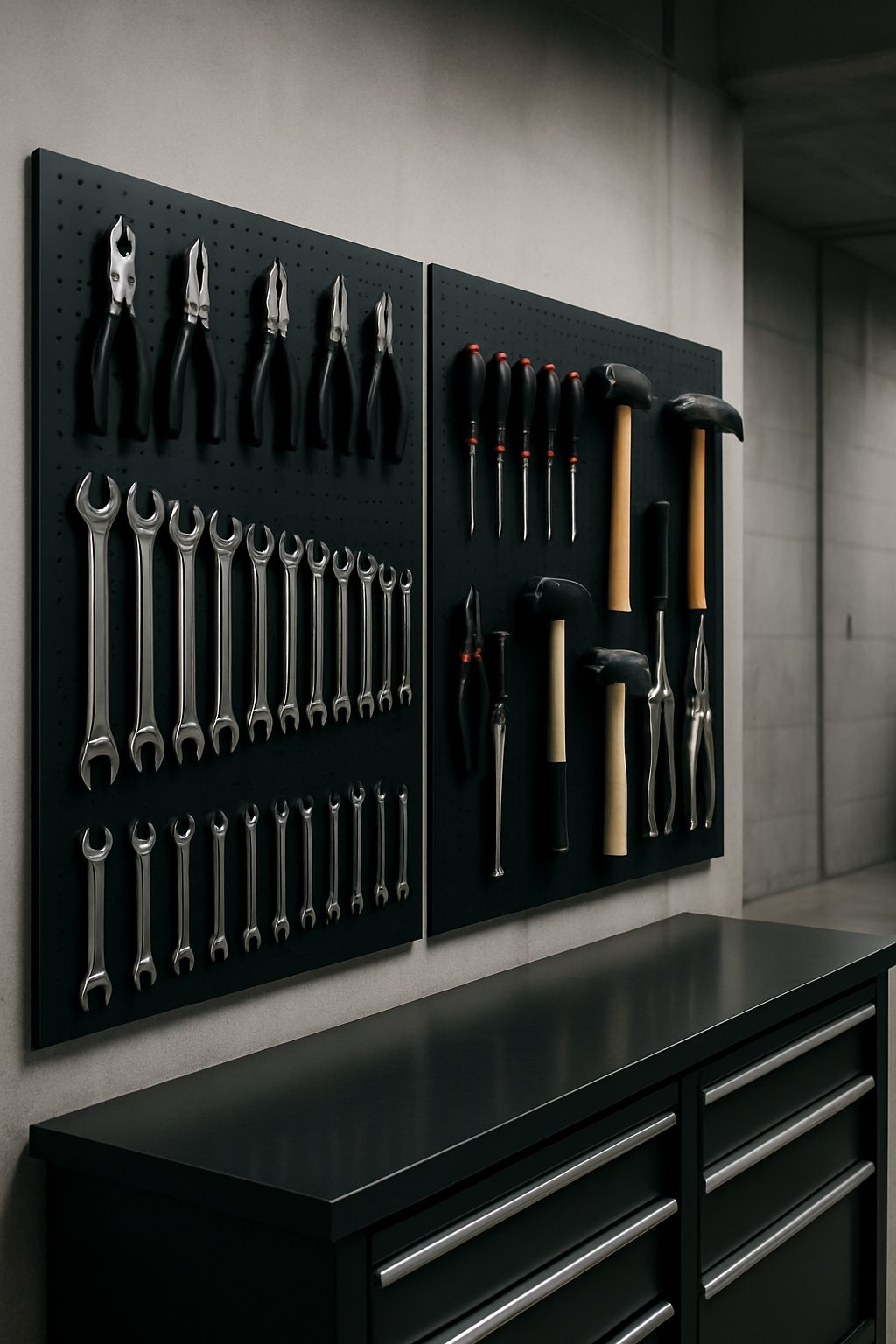 A garage wall with matte black metal pegboards holding various hand tools neatly organized.