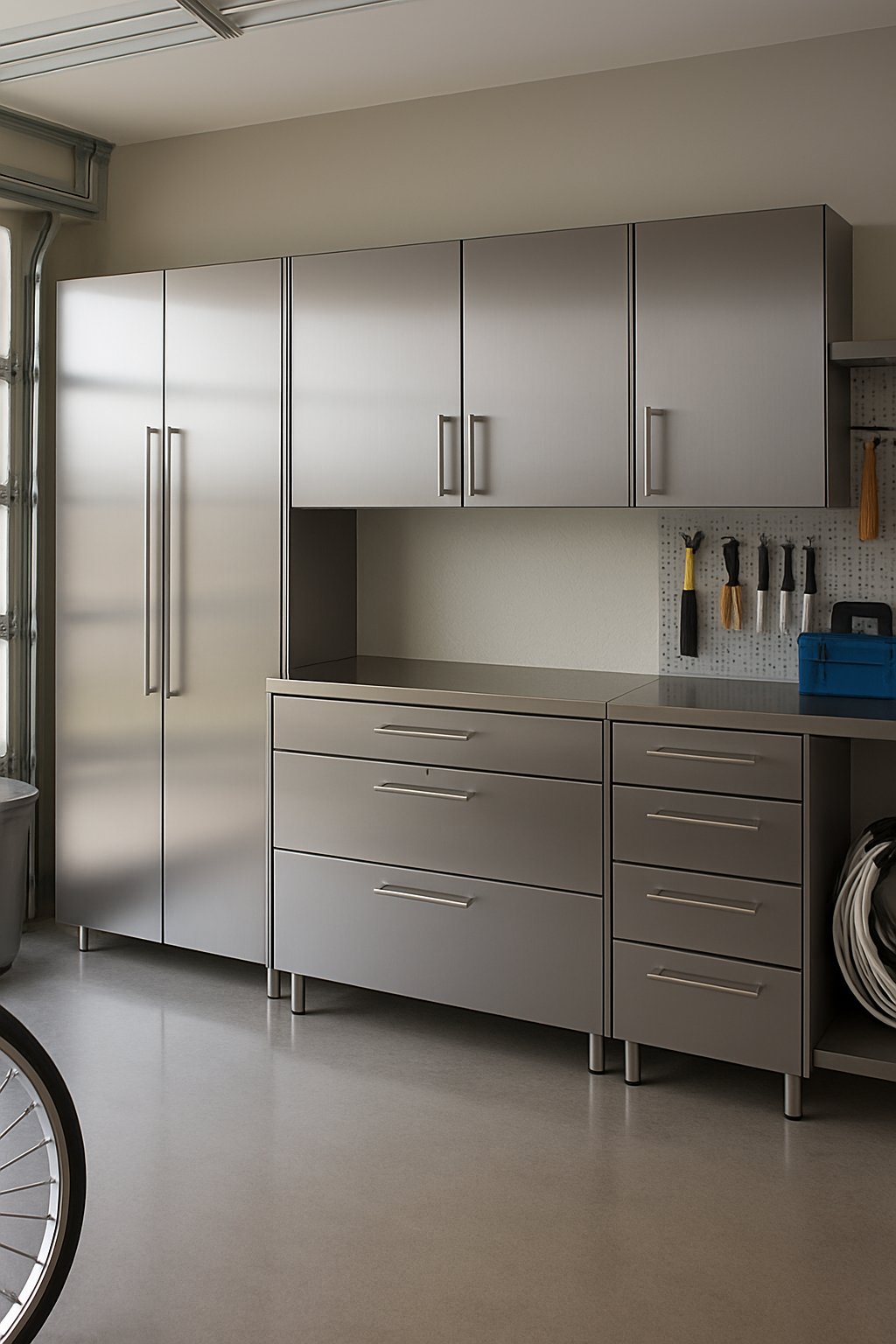 A clean and organized garage with slim steel cabinets neatly arranged along the wall and tools stored inside.