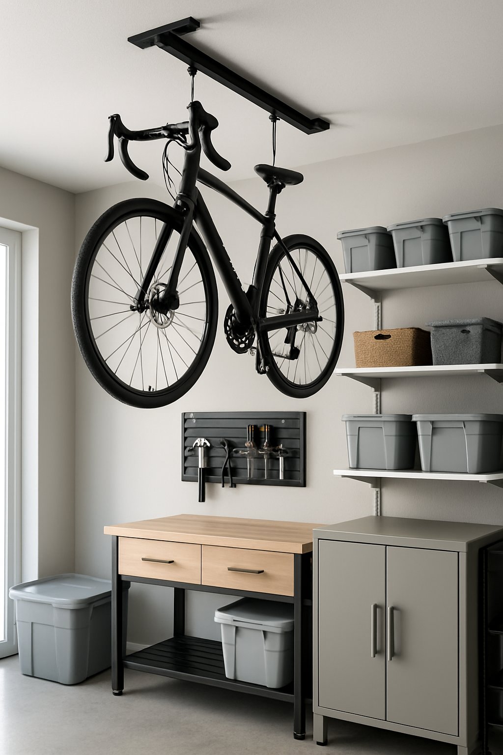 A clean and organized garage with a bicycle hanging from a ceiling-mounted bike rack and various storage solutions along the walls.