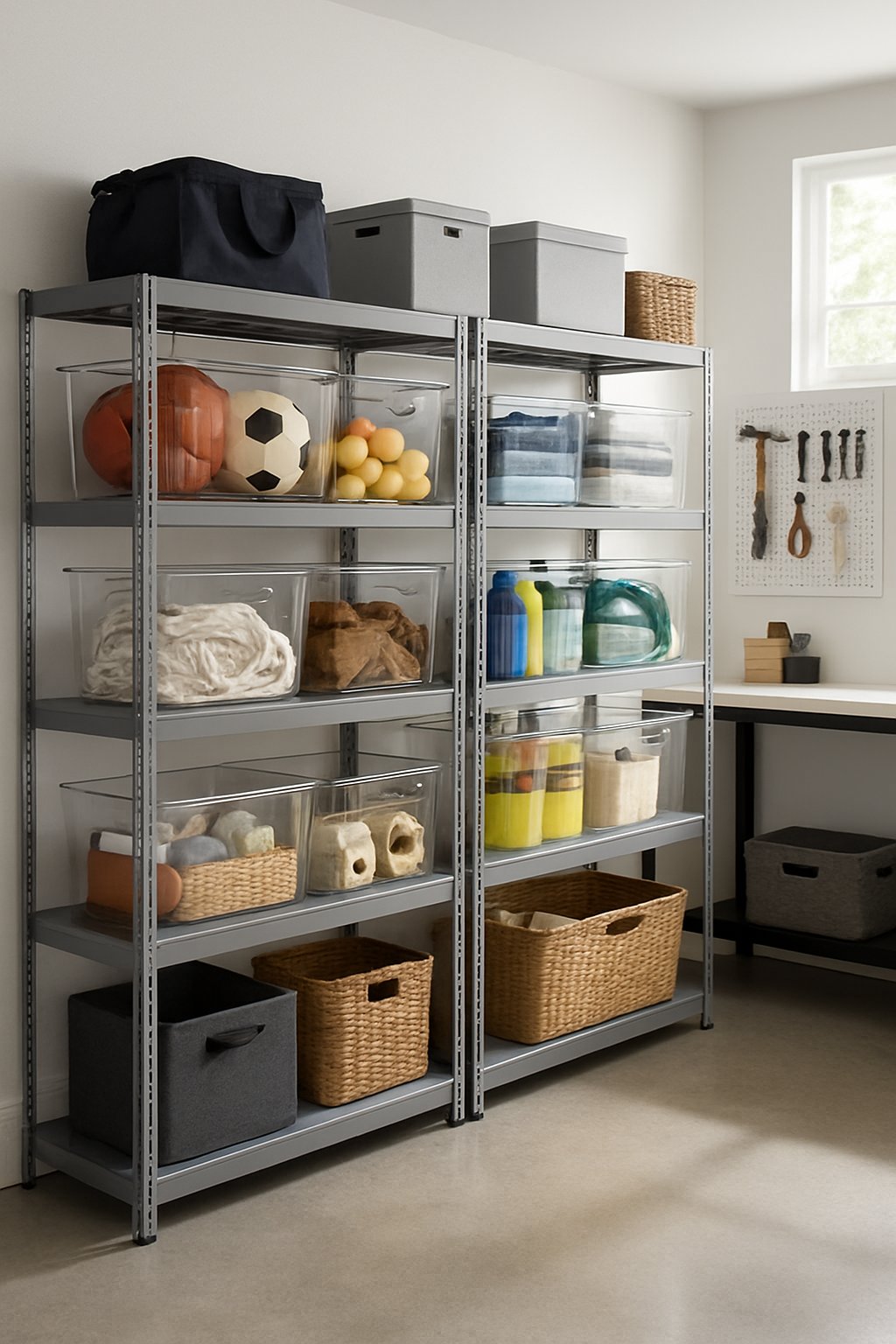 A clean garage with clear acrylic bins on shelves, filled with various items, and organized tools on the wall.