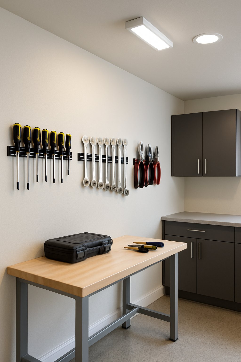 A neat garage interior with tools organized on magnetic holders attached to the walls and a clean workbench.