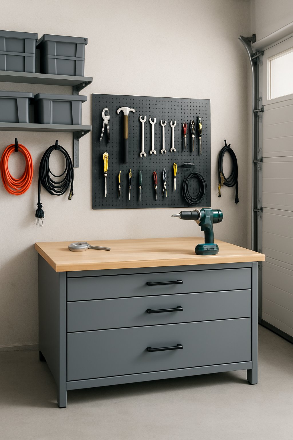 A compact workbench with built-in drawers in a clean, organized garage with tools and storage shelves.