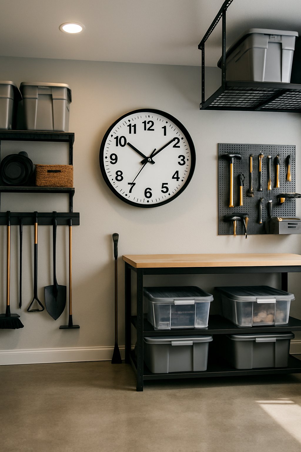 A clean and organized garage interior with a large modern wall clock hanging on the wall and various storage solutions neatly arranged.