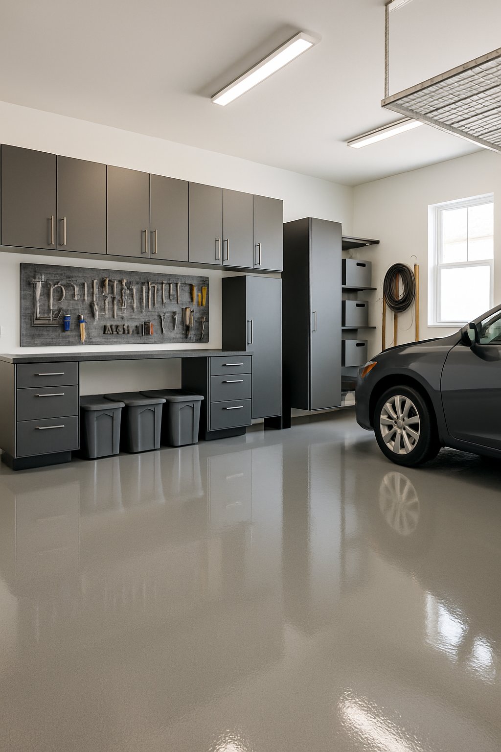 A clean and organized garage with shiny epoxy flooring, storage cabinets, tools on pegboards, and a parked car.