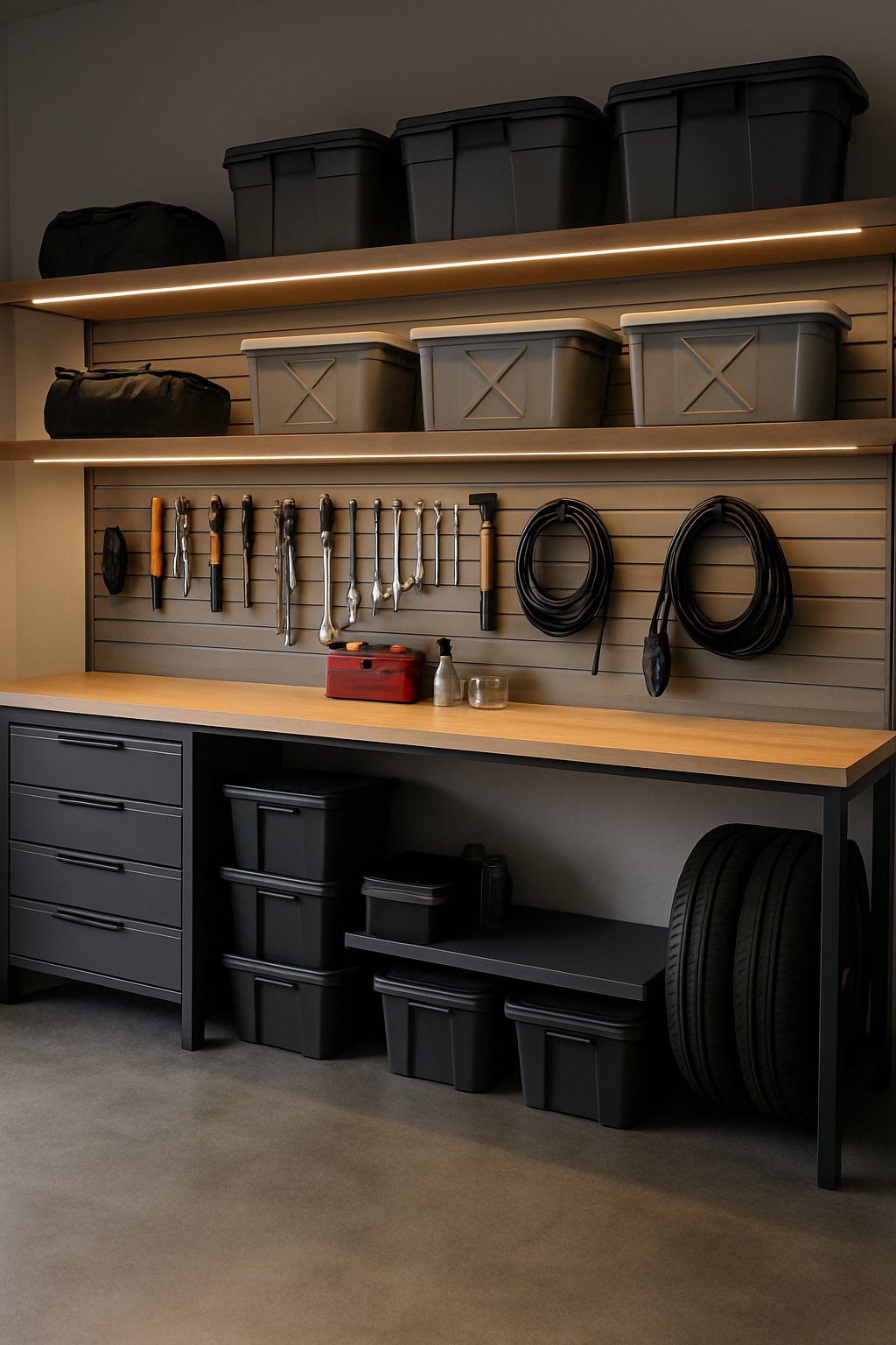 A modern garage with LED strip lighting installed under shelves, showing organized storage bins, tools, and a workbench.
