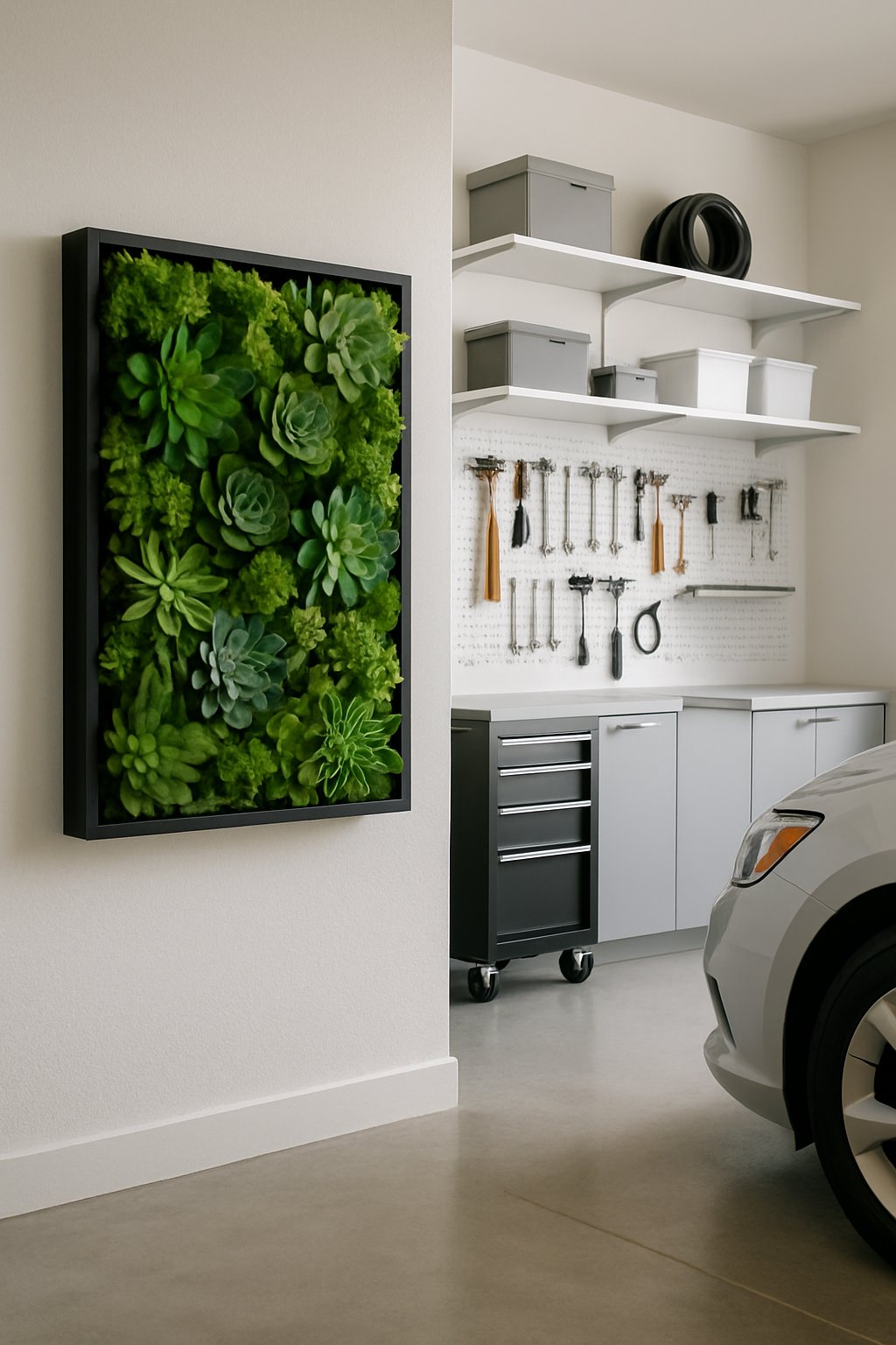 A clean and organized garage with a vertical garden of green succulents mounted on the wall and various storage solutions.