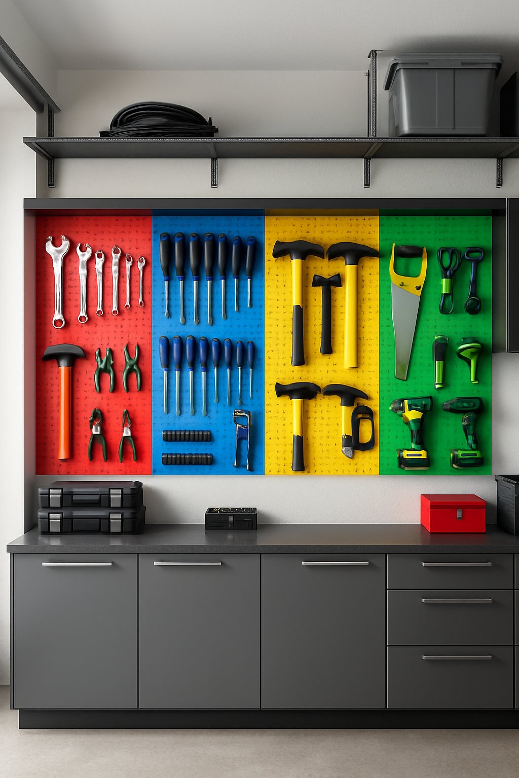 A clean and organized garage with tools arranged on a color-coded pegboard and storage shelves, featuring a workbench and various neatly stored equipment.