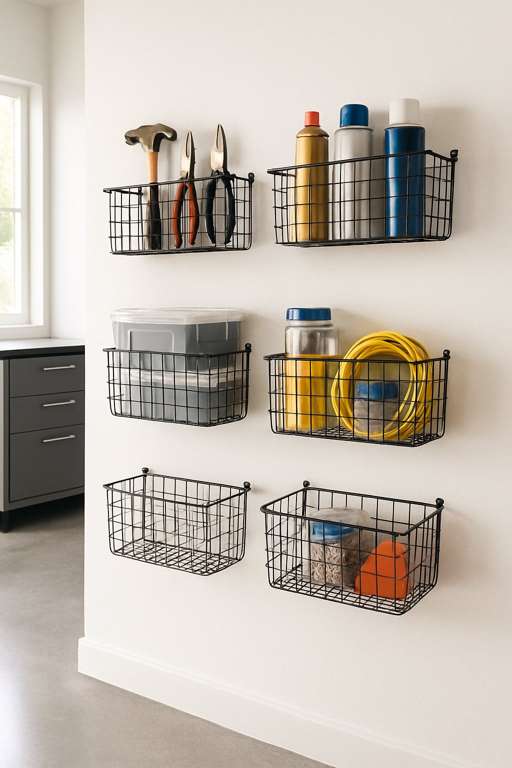 A modern garage with wire baskets mounted on walls holding tools and supplies in an organized way.