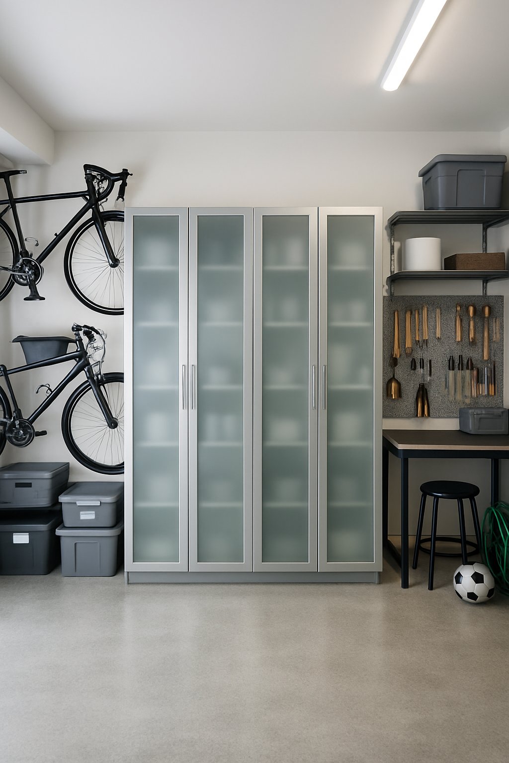 A clean and organized garage interior with frosted glass cabinet doors, shelves with tools, bicycles hanging on the wall, and a workbench.