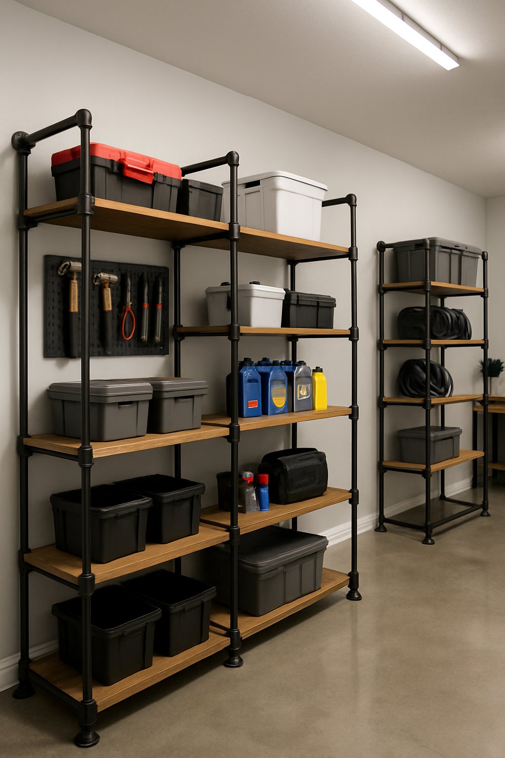 A clean garage with industrial pipe shelving units holding organized tools and storage bins.