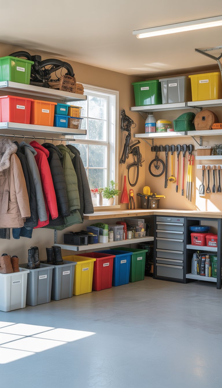 A clean and organized garage with shelves, bins, and racks storing seasonal items like coats, sports gear, tools, and decorations.
