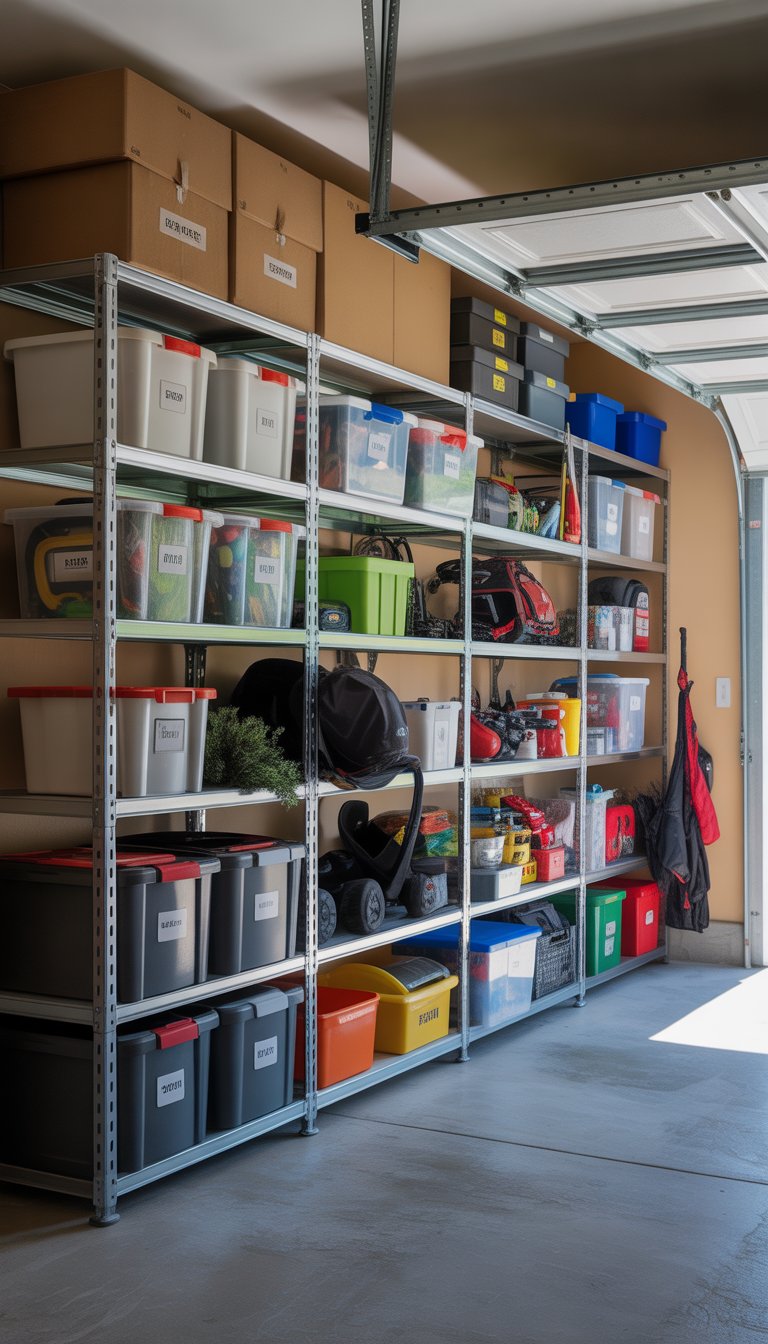 A clean garage with heavy-duty metal shelves holding organized seasonal storage bins and equipment.