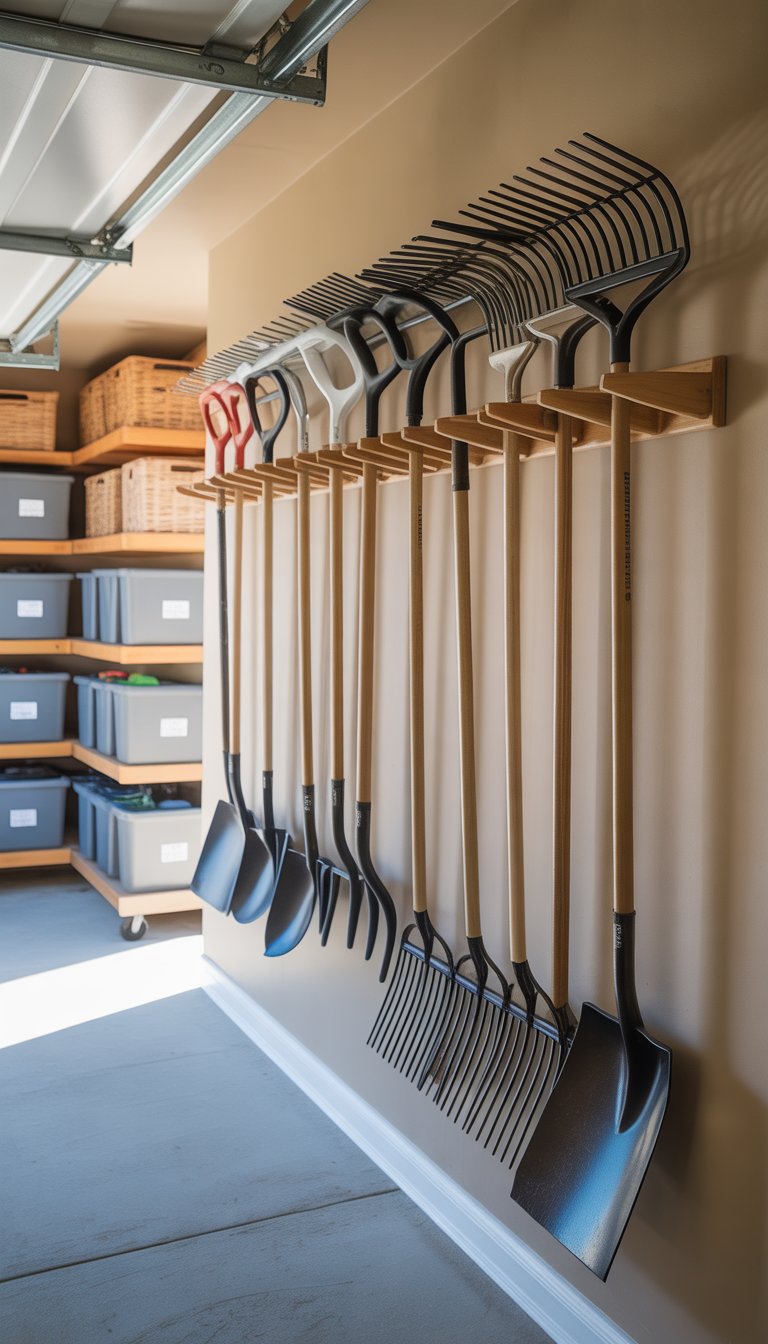 A garage with wall-mounted racks holding rakes and shovels, showing an organized and tidy storage space.