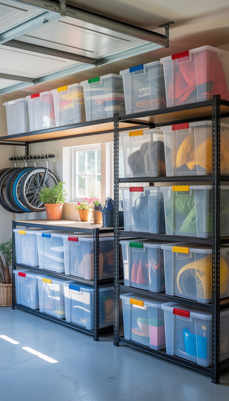 A clean garage with clear plastic bins organized on shelves, each containing seasonal items for different times of the year.