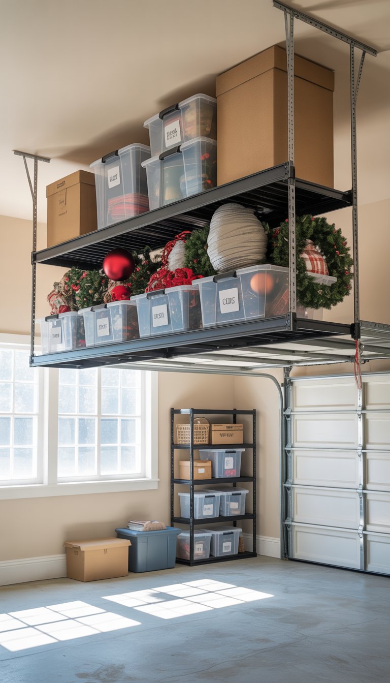 Overhead storage rack in a garage holding holiday decorations and bulky seasonal items in clear bins and boxes.