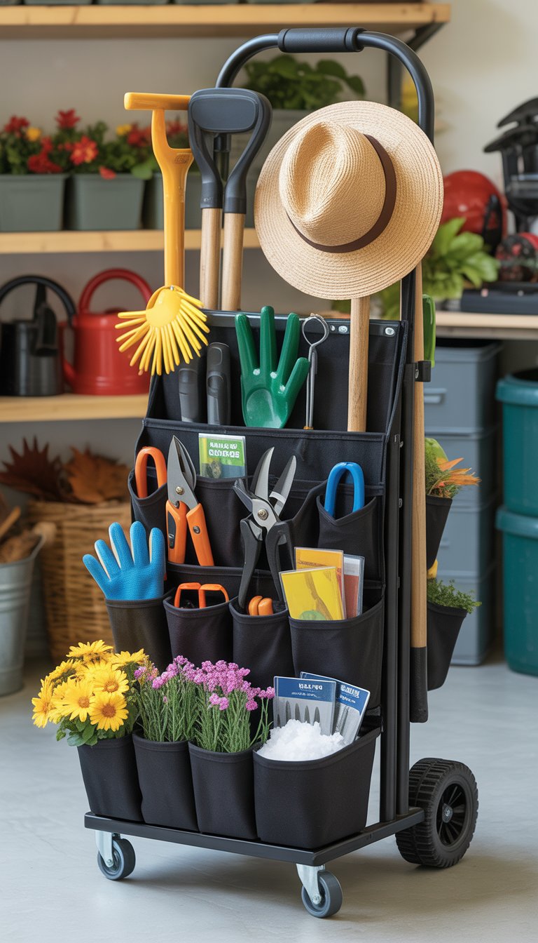 A rolling tool caddy filled with garden tools and seasonal items arranged in a tidy garage or garden shed.