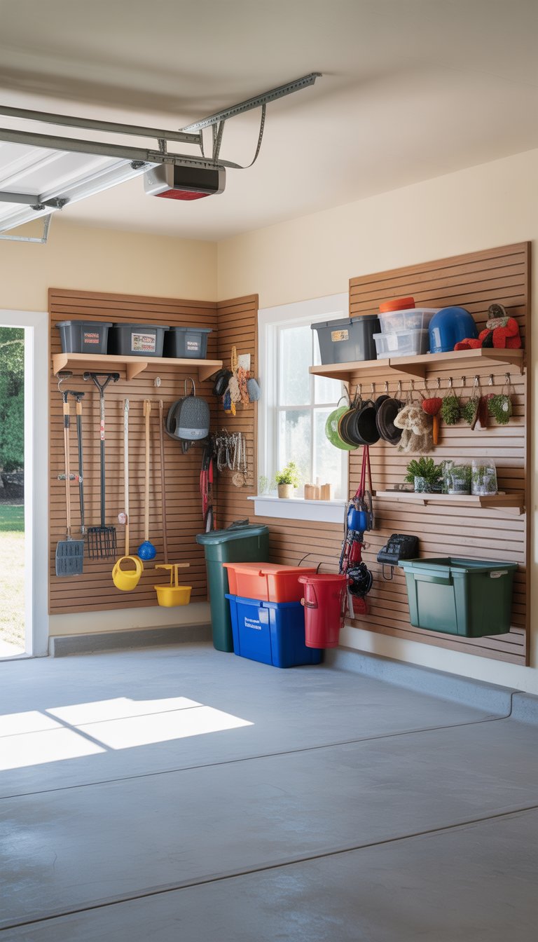 A clean garage with slatwall panels holding organized seasonal items like tools, sports gear, and storage bins, keeping the floor clear.