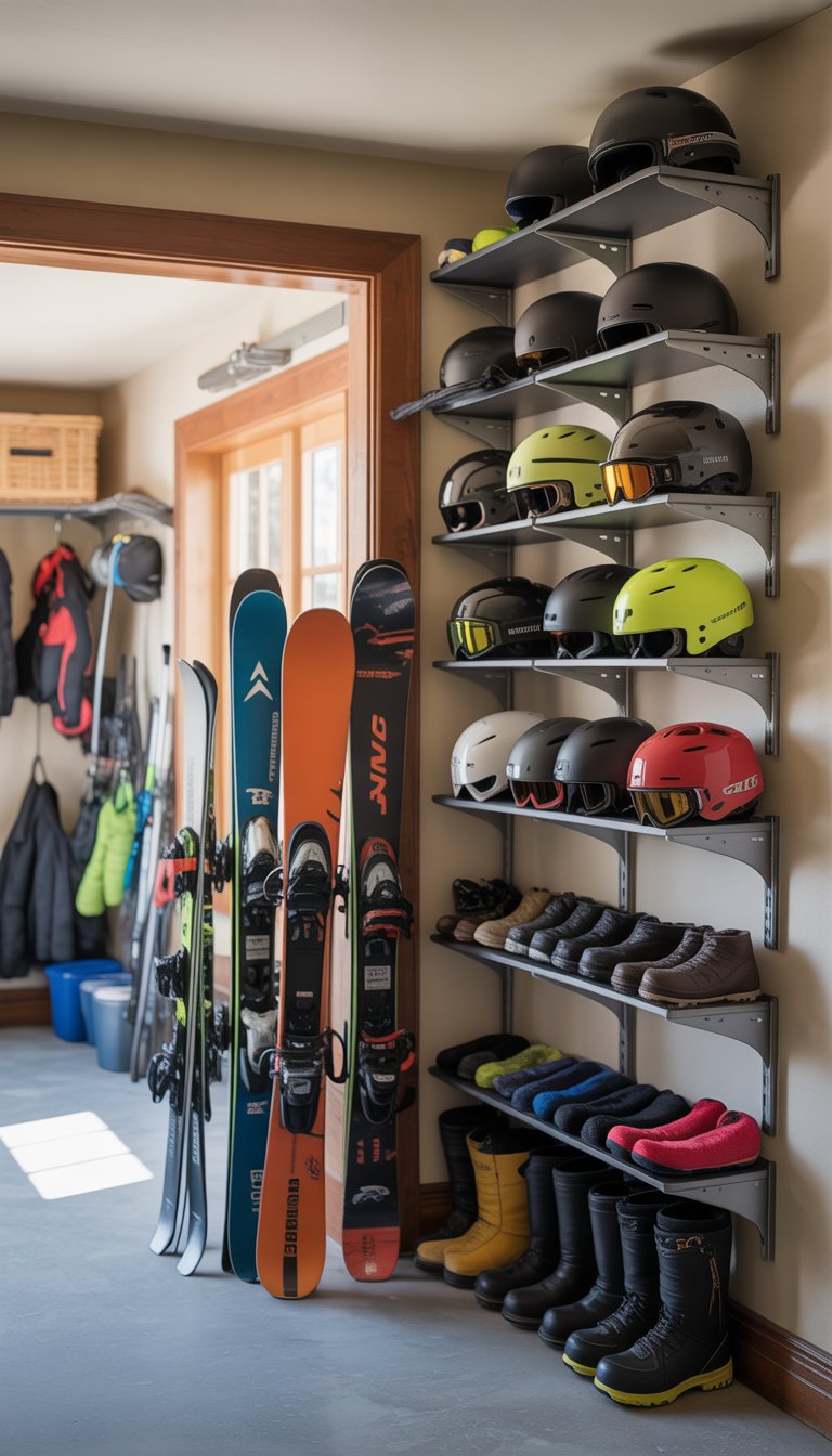 A garage corner with hooks and shelves neatly organizing winter sports gear including skis, snowboards, helmets, boots, and gloves.