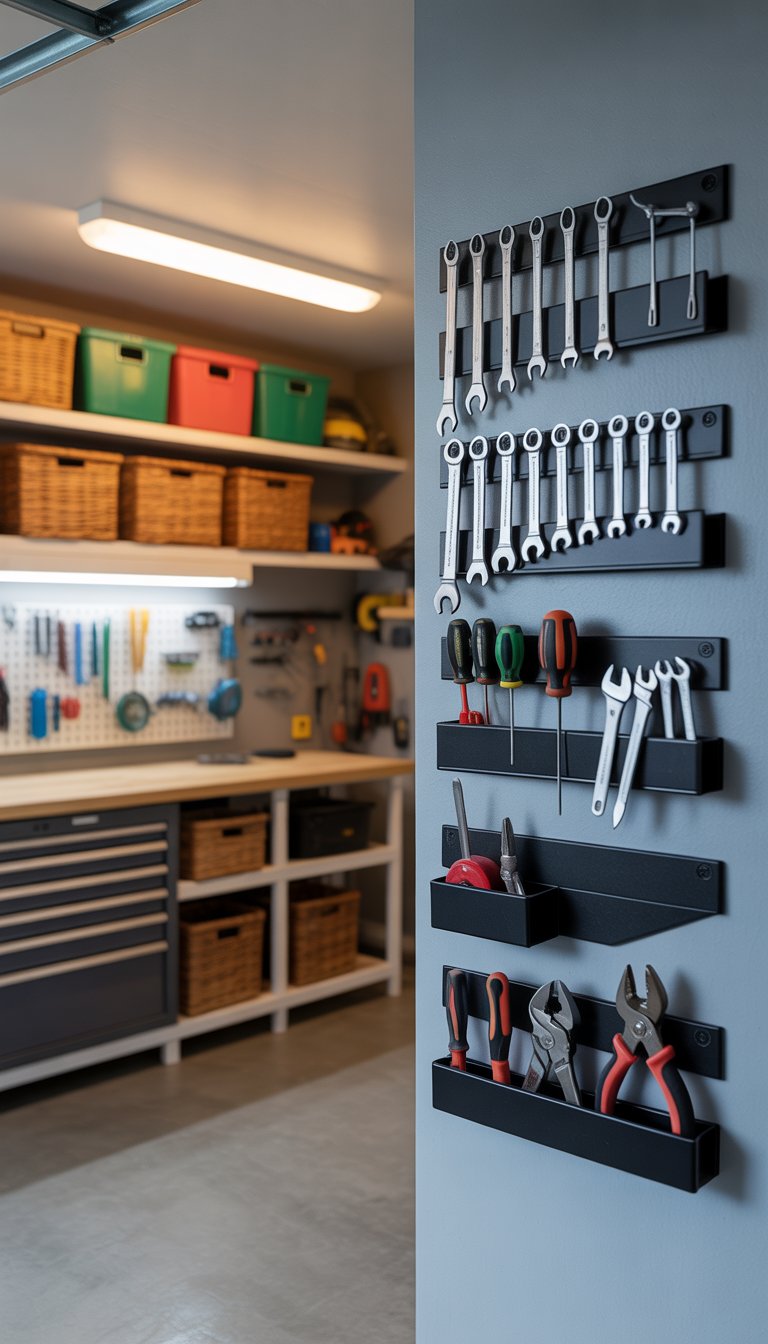 A garage wall with magnetic strips holding small metal tools and accessories, surrounded by organized shelves and a workbench.