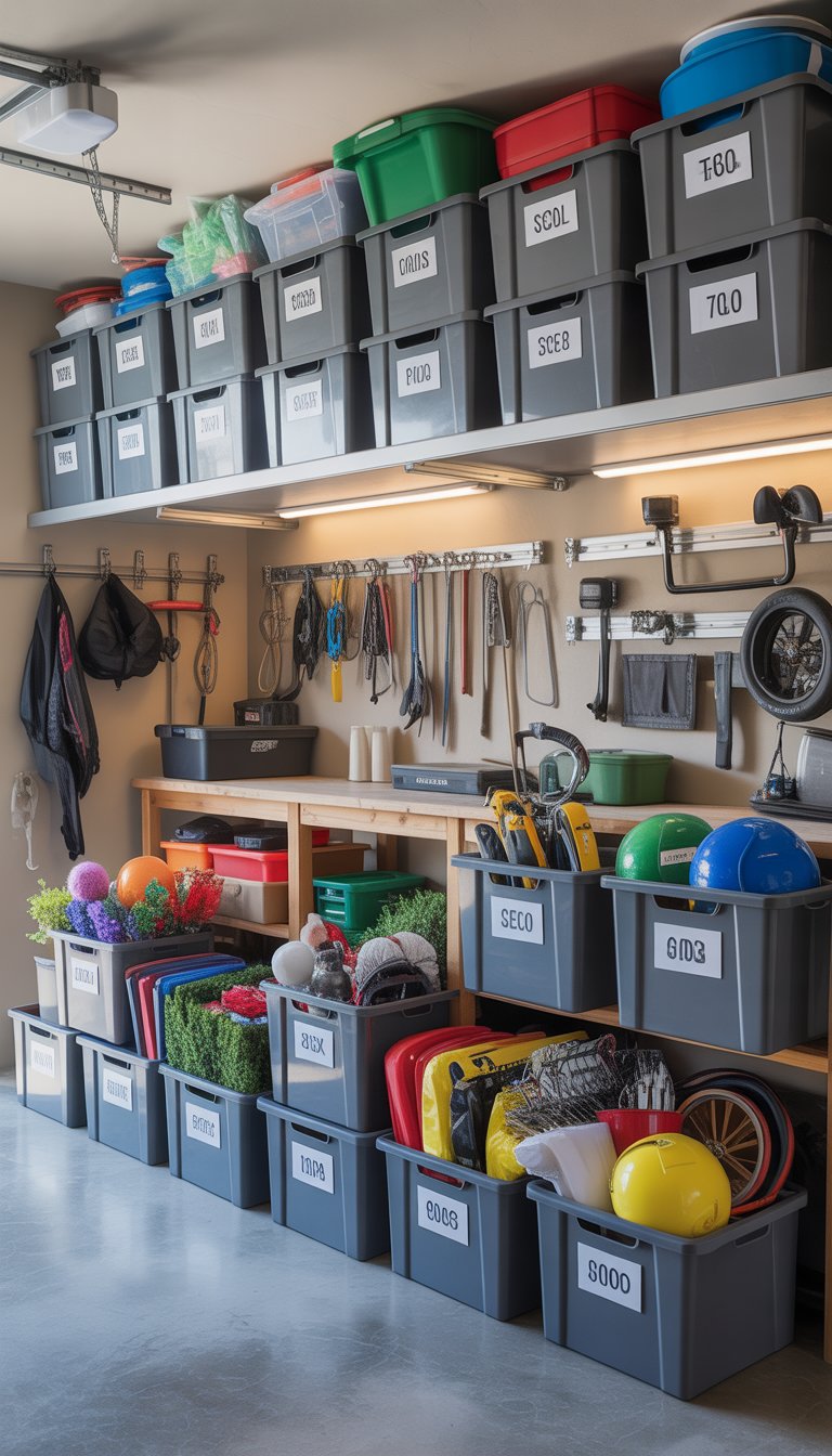 A clean, organized garage with stackable storage bins arranged on shelves and floor, containing seasonal items and various equipment.