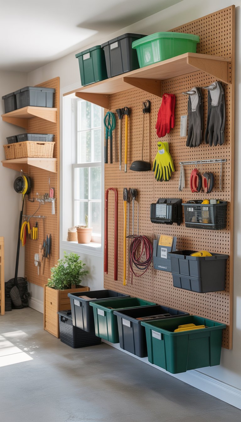 A tidy garage with pegboards on the wall holding tools and storage items, showing an organized and clean space.