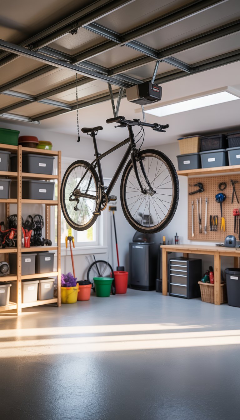 A tidy garage with a bicycle stored on a ceiling hoist and organized shelves holding various seasonal items and tools.