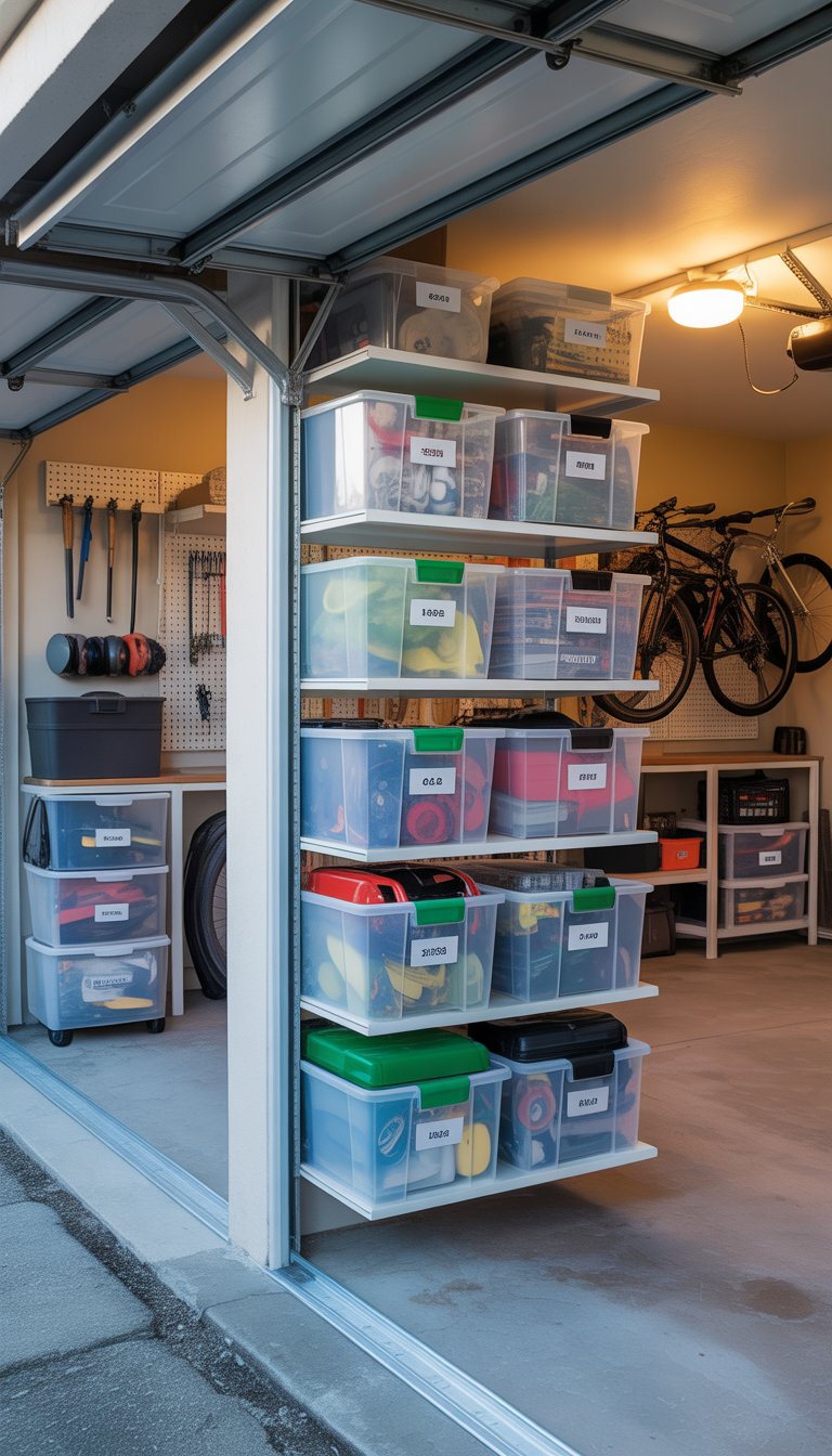 A clean garage with sliding shelves extended, holding organized bins of seasonal items and tools.