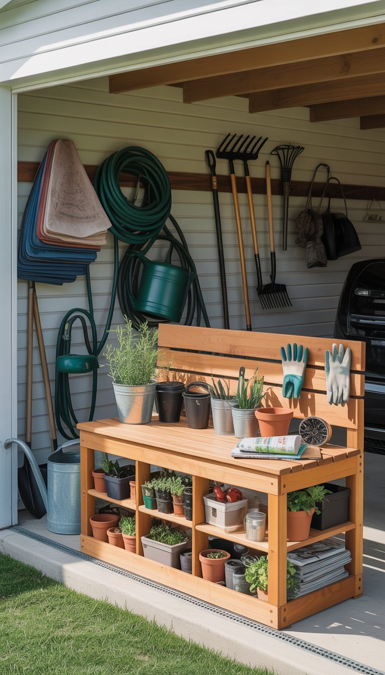 A garage corner with a wooden bench featuring built-in storage holding planting supplies and outdoor gear neatly organized.