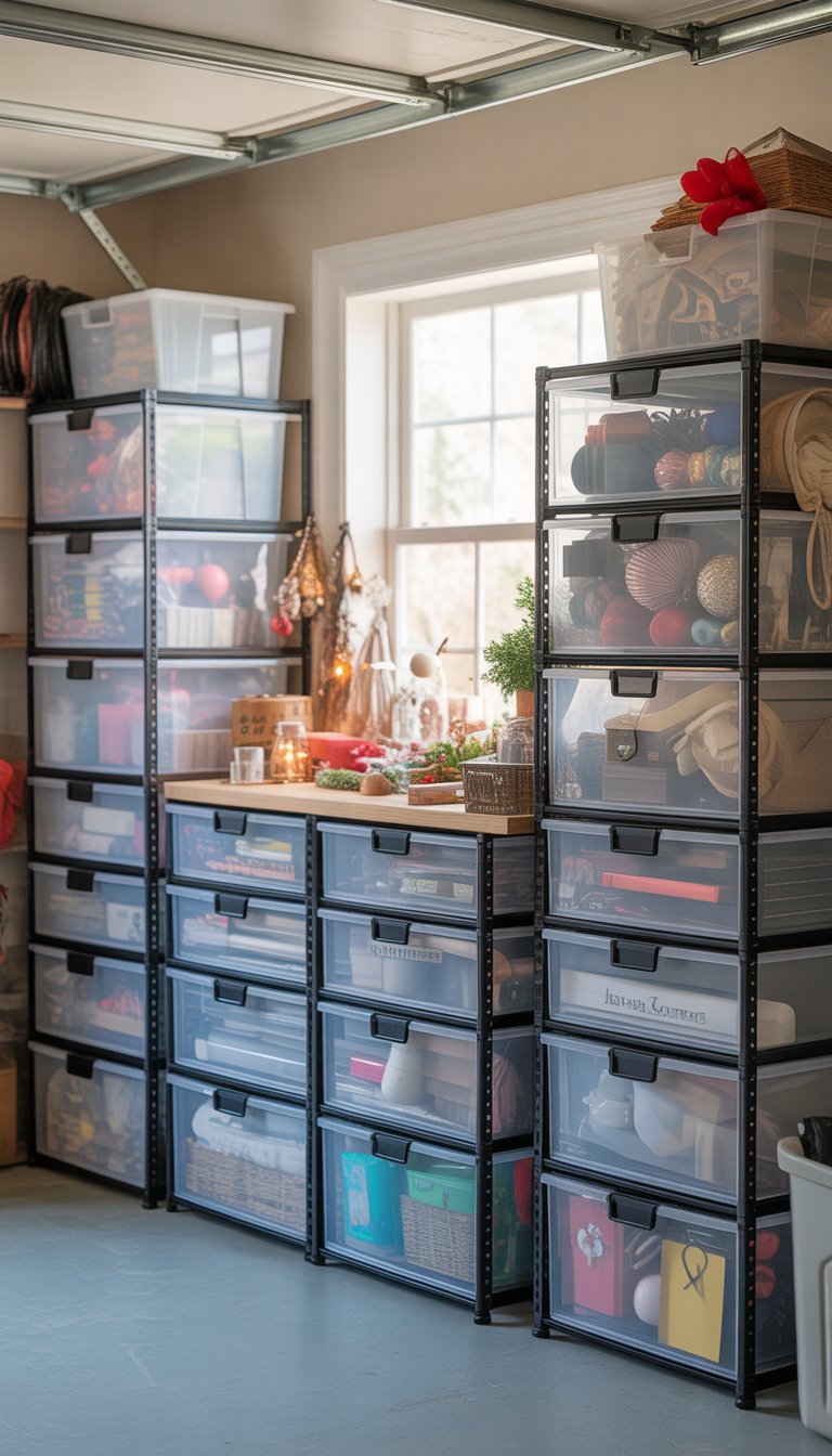 A tidy garage with transparent storage drawers filled with craft supplies and holiday decorations on shelves.