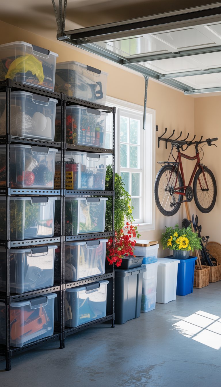 A clean garage with clear airtight containers on shelves holding household items, surrounded by organized tools and equipment.