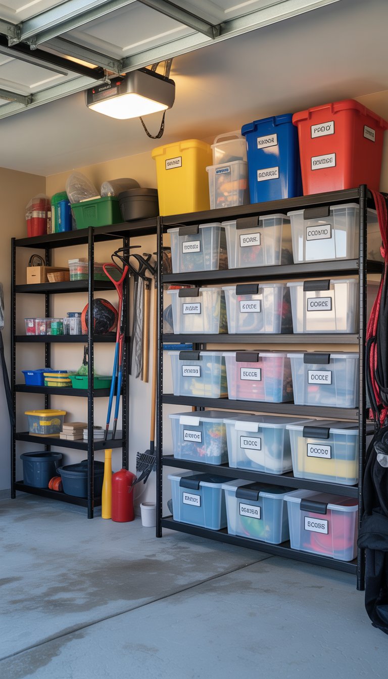 A neatly organized garage with shelves and storage bins labeled for easy identification, containing various seasonal items.