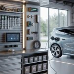 A clean, organized garage with modern storage cabinets, wall-mounted tool organizers, a digital control panel, and an electric vehicle parked inside.