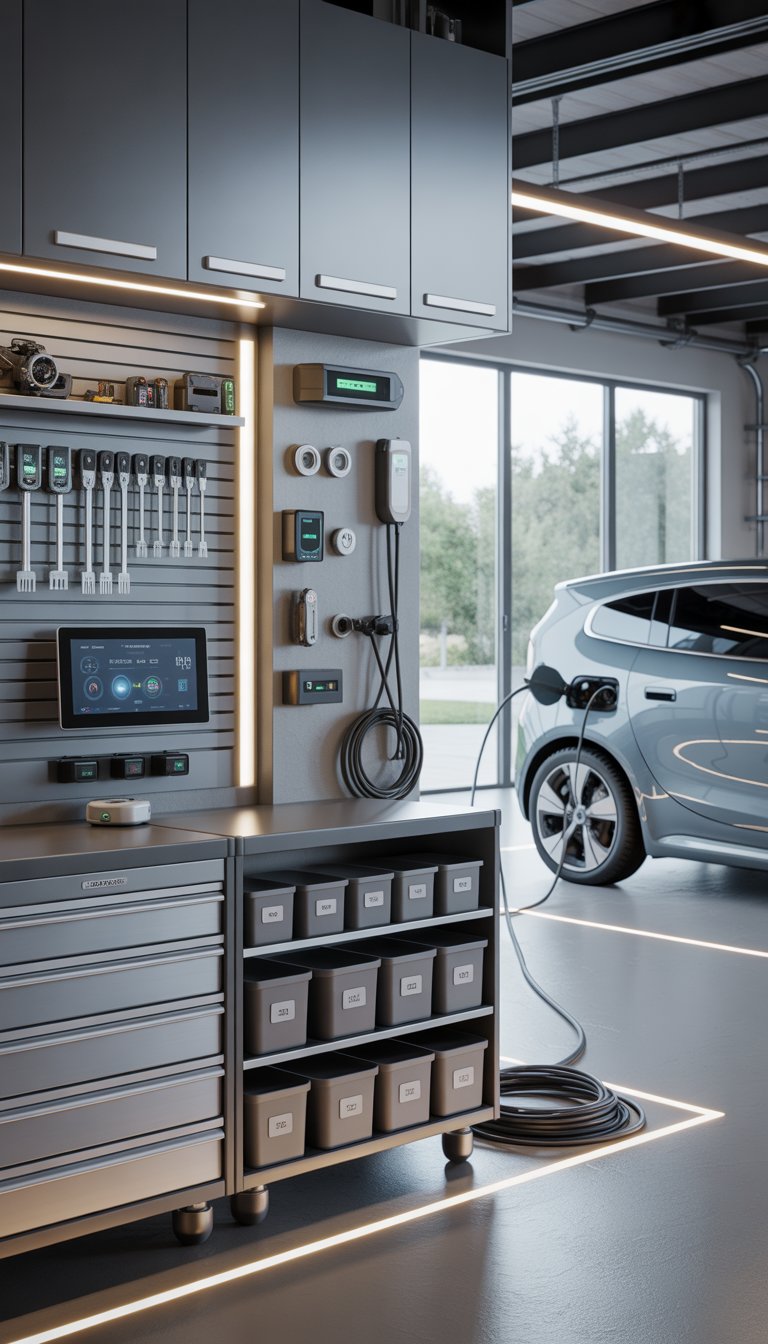 A clean, organized garage with modern storage cabinets, wall-mounted tool organizers, a digital control panel, and an electric vehicle parked inside.