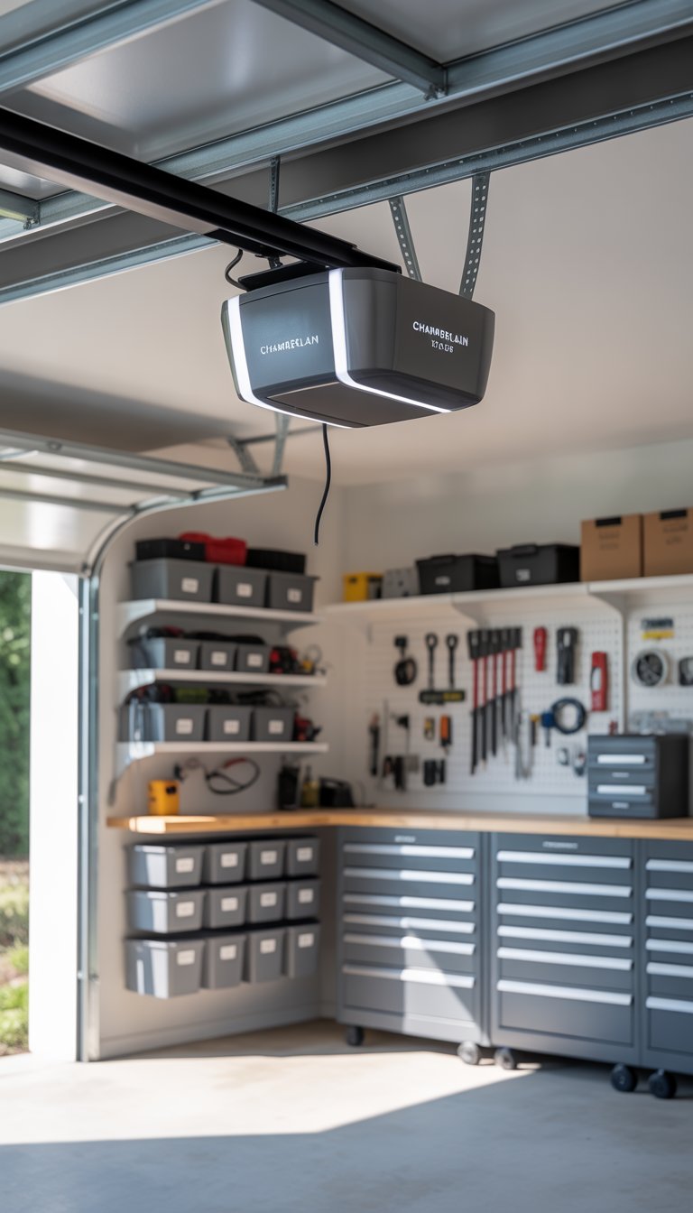 A clean and organized garage with a smart garage door opener installed above the door and various storage solutions neatly arranged around the space.