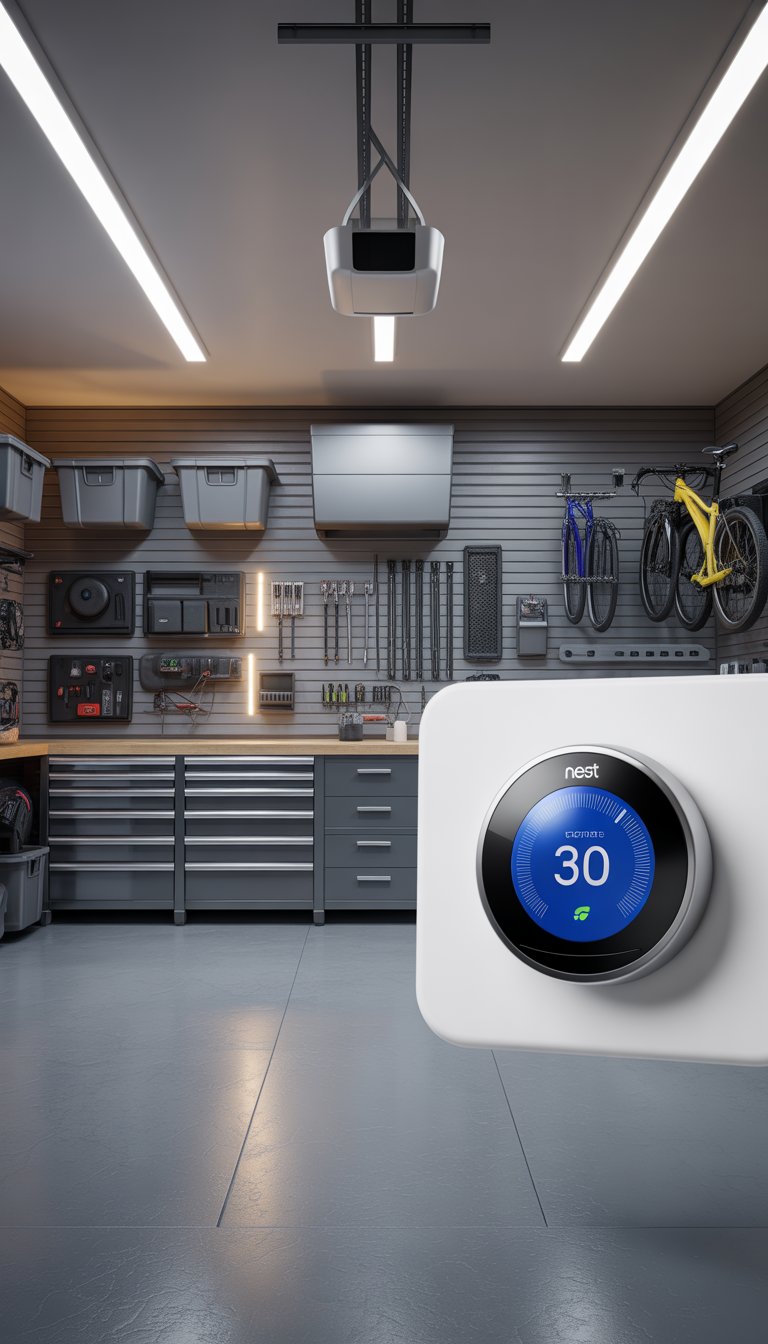 A modern garage interior with a Nest Learning Thermostat on the wall and organized storage shelves, tools, and bikes.