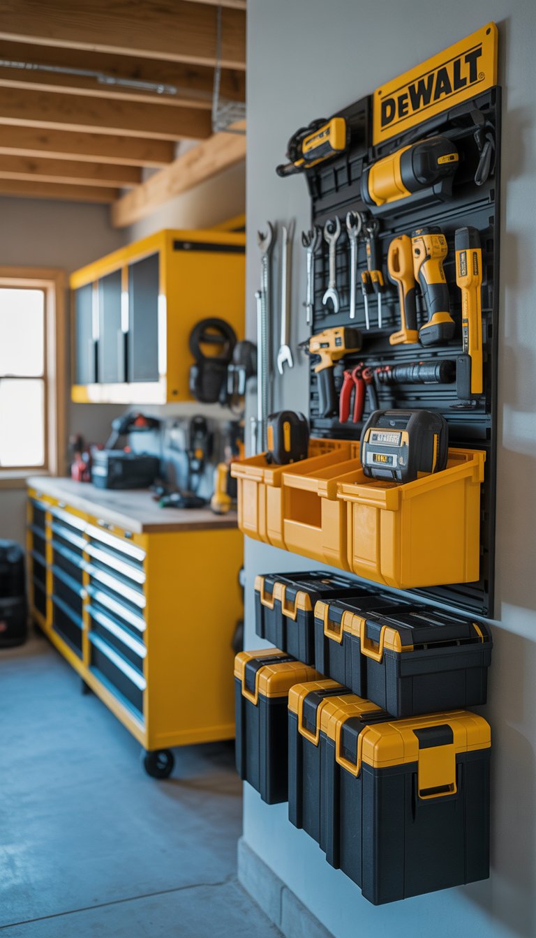 A wall-mounted DeWalt ToughSystem organizer filled with tools in a clean and organized garage workspace.