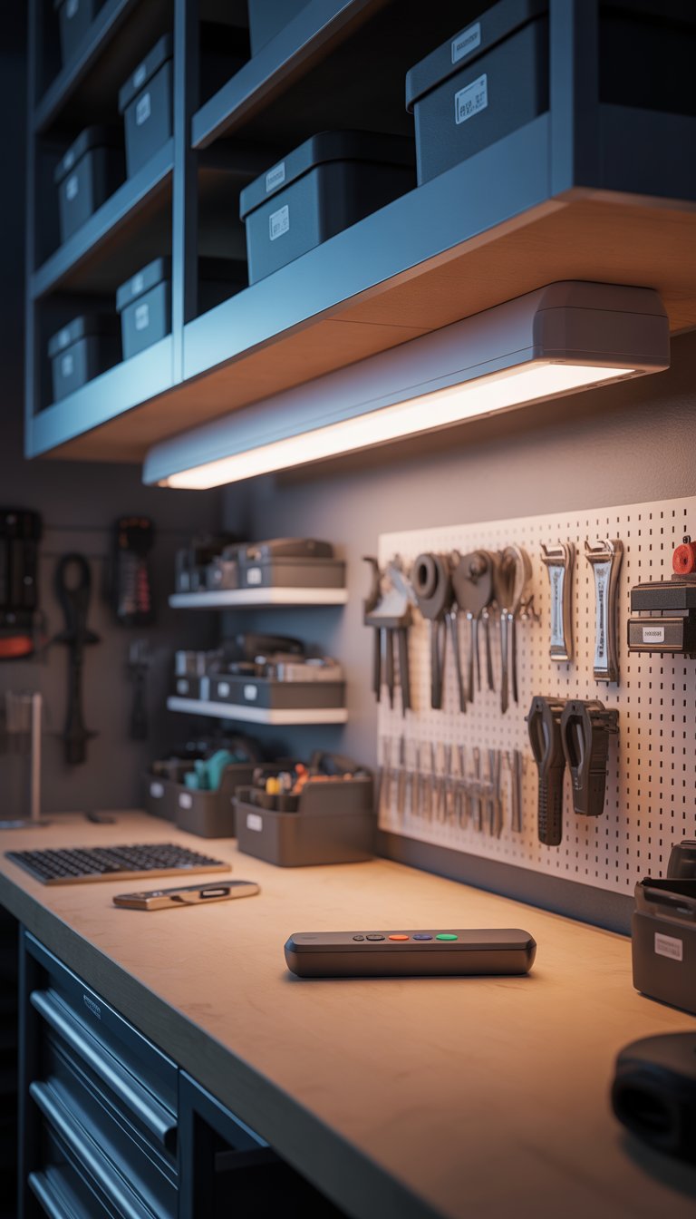 Inside a well-organized garage, a Philips Hue smart lighting strip is mounted under a shelf with a remote control on a nearby workbench surrounded by neatly arranged tools and storage.