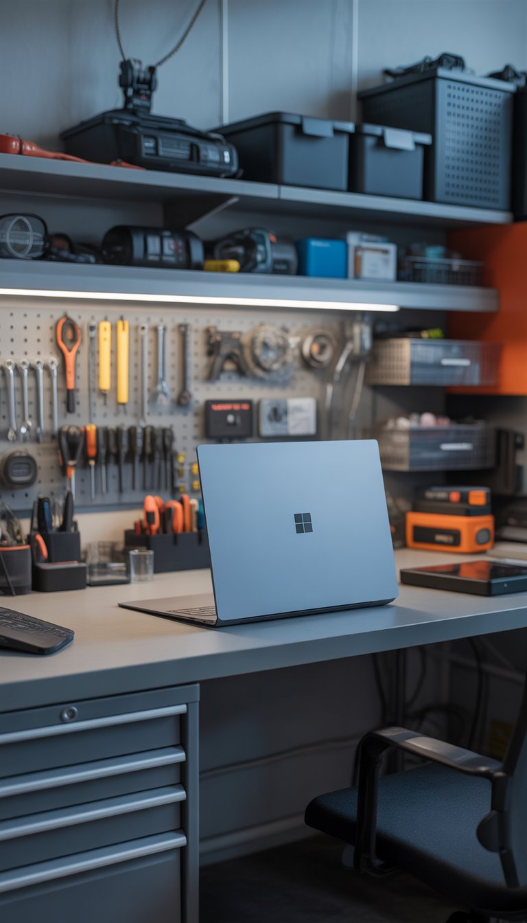 A modern workstation with a Microsoft Surface Laptop 17 on a tidy desk in a well-organized garage with tools and tech accessories neatly arranged on shelves.